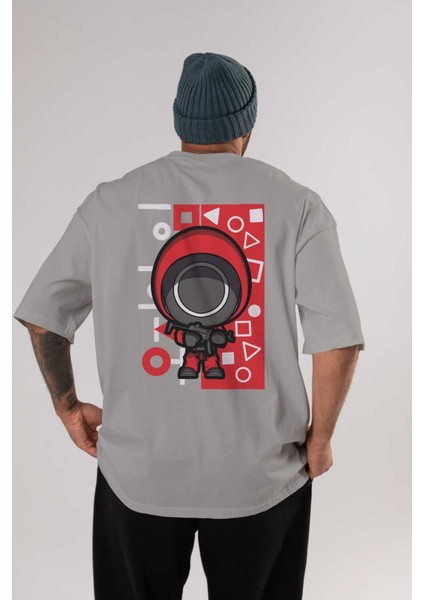 Squid Game (4) Arka Baskılı Gri Oversize T-Shirt Bisiklet Yaka Pamuk Erkek Kadın