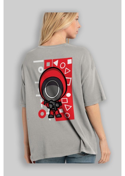 Squid Game (4) Arka Baskılı Gri Oversize T-Shirt Bisiklet Yaka Pamuk Erkek Kadın modelleri