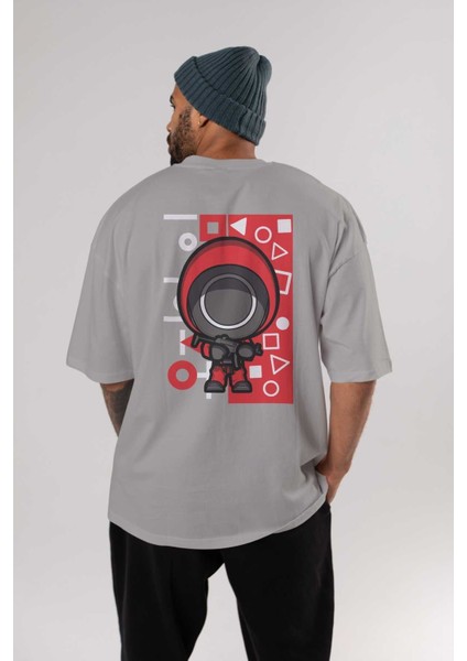Squid Game (4) Arka Baskılı Gri Oversize T-Shirt Bisiklet Yaka Pamuk Erkek Kadın fırsatları