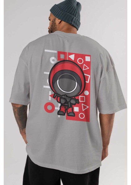 Squid Game (4) Arka Baskılı Gri Oversize T-Shirt Bisiklet Yaka Pamuk Erkek Kadın indirimleri