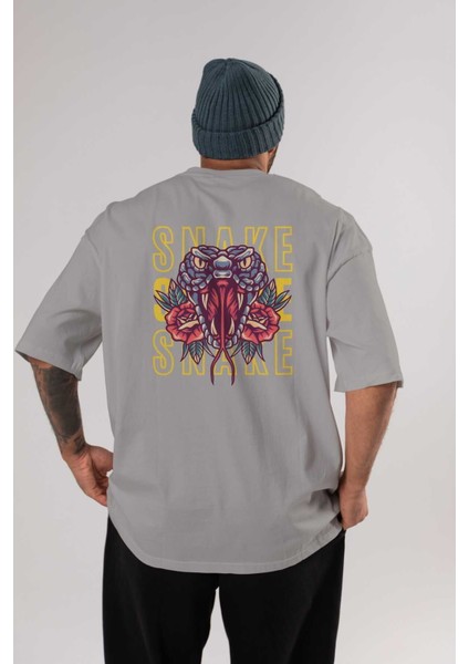 Snake Arka Baskılı Gri Oversize T-Shirt Unisex Erkek Kadın Bisiklet Yaka