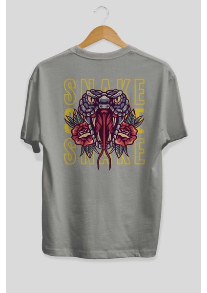 Snake Arka Baskılı Gri Oversize T-Shirt Unisex Erkek Kadın Bisiklet Yaka fiyatları