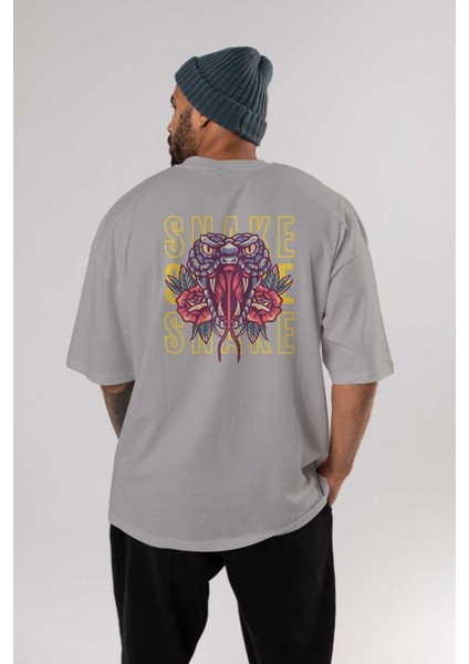 Snake Arka Baskılı Gri Oversize T-Shirt Unisex Erkek Kadın Bisiklet Yaka fırsatları