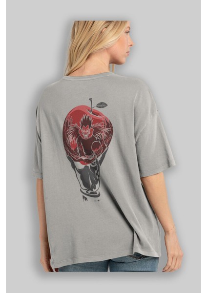 Death Note -Ryuk Anime Arka Baskılı Gri Oversize T-Shirt %100 Pamuk Erkek Kadın modelleri