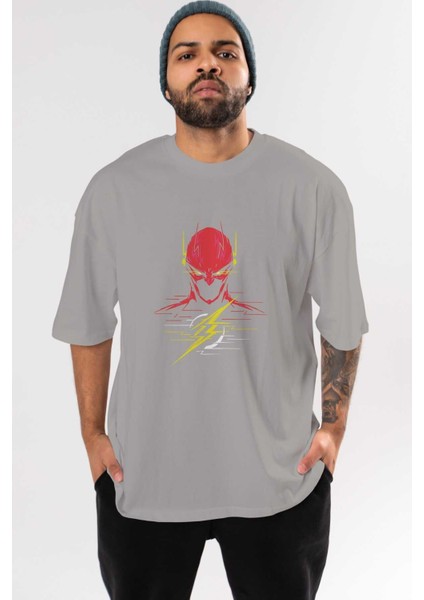 Flash Avengers (2) Ön Baskılı Gri Oversize T-Shirt Bisiklet Yaka Pamuk Erkek Kadın