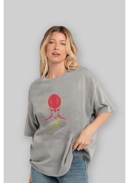 Flash Avengers (2) Ön Baskılı Gri Oversize T-Shirt Bisiklet Yaka Pamuk Erkek Kadın fırsatları