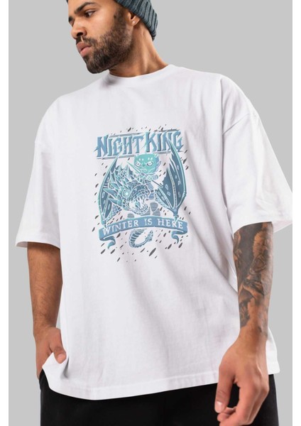 Game Of Thrones Gece Kralı Ön Baskılı Beyaz Oversize T-Shirt Bisiklet Yaka Erkek Kadın modelleri