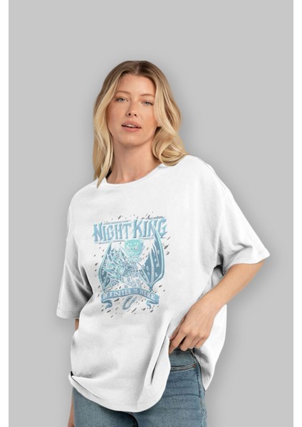 Game Of Thrones Gece Kralı Ön Baskılı Beyaz Oversize T-Shirt Bisiklet Yaka Erkek Kadın fırsatları
