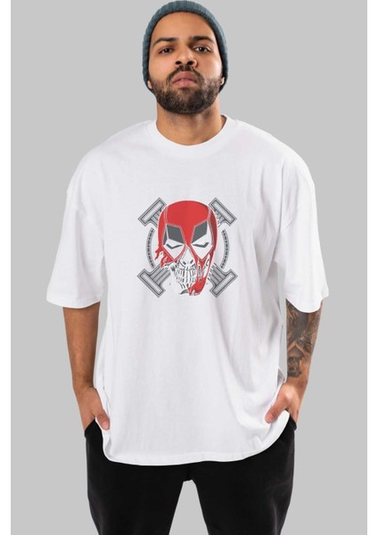 Deadpool (7) Ön Baskılı Beyaz Oversize T-Shirt Bisiklet Yaka Erkek Kadın