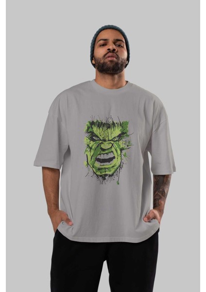 Hulk (4) Ön Baskılı Gri Oversize T-Shirt Bisiklet Yaka Pamuk Erkek Kadın indirimleri