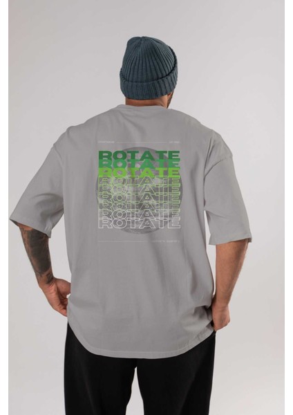 Rotate Yazılı Arka Baskılı Gri Oversize T-Shirt Unisex Erkek Kadın Bisiklet Yaka