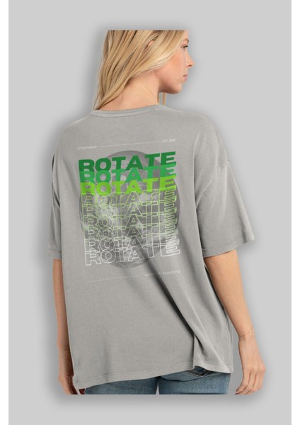Rotate Yazılı Arka Baskılı Gri Oversize T-Shirt Unisex Erkek Kadın Bisiklet Yaka modelleri
