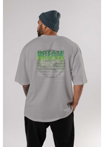 Rotate Yazılı Arka Baskılı Gri Oversize T-Shirt Unisex Erkek Kadın Bisiklet Yaka fırsatları