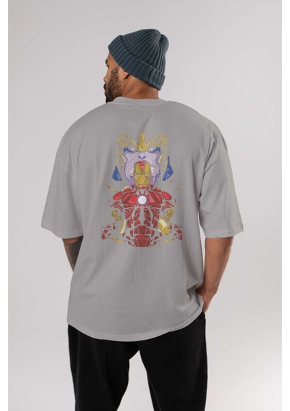 Iron Man (3) Arka Baskılı Gri Oversize T-Shirt Bisiklet Yaka Pamuk Erkek Kadın