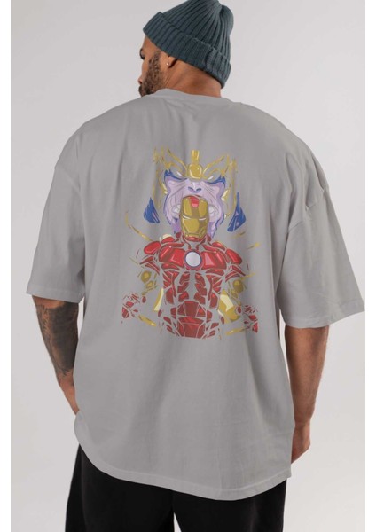 Iron Man (3) Arka Baskılı Gri Oversize T-Shirt Bisiklet Yaka Pamuk Erkek Kadın