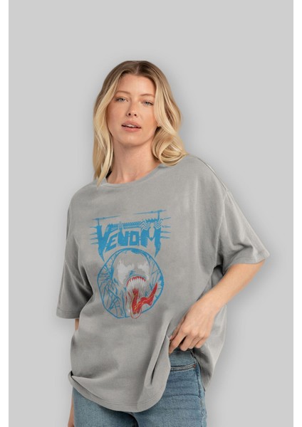 Venom (23) Ön Baskılı Gri Oversize T-Shirt Bisiklet Yaka Pamuk Erkek Kadın fırsatları