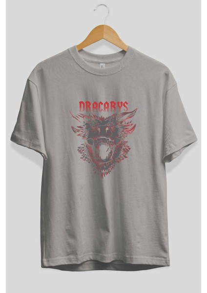Game Of Thrones Dracarys Ön Baskılı Gri Oversize T-Shirt Bisiklet Yaka Pamuk Erkek Kadın