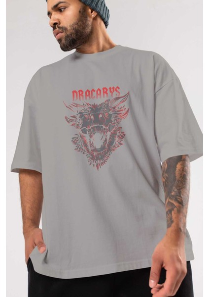 Game Of Thrones Dracarys Ön Baskılı Gri Oversize T-Shirt Bisiklet Yaka Pamuk Erkek Kadın