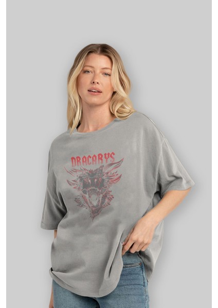Game Of Thrones Dracarys Ön Baskılı Gri Oversize T-Shirt Bisiklet Yaka Pamuk Erkek Kadın