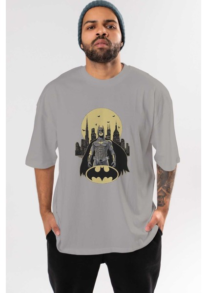 Batman 6 Ön Baskılı Gri Oversize T-Shirt Bisiklet Yaka Pamuk Erkek Kadın
