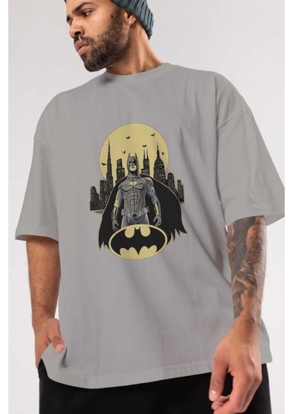 Batman 6 Ön Baskılı Gri Oversize T-Shirt Bisiklet Yaka Pamuk Erkek Kadın modelleri