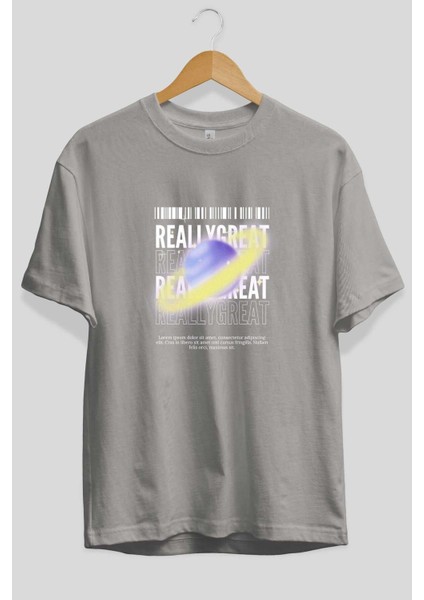 Really Great 2 Yazılı Ön Baskılı Gri Oversize T-Shirt Unisex Erkek Kadın Bisiklet Yaka fiyatları
