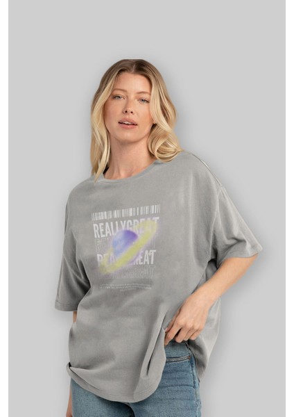 Really Great 2 Yazılı Ön Baskılı Gri Oversize T-Shirt Unisex Erkek Kadın Bisiklet Yaka fırsatları