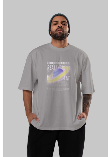 Really Great 2 Yazılı Ön Baskılı Gri Oversize T-Shirt Unisex Erkek Kadın Bisiklet Yaka indirimleri