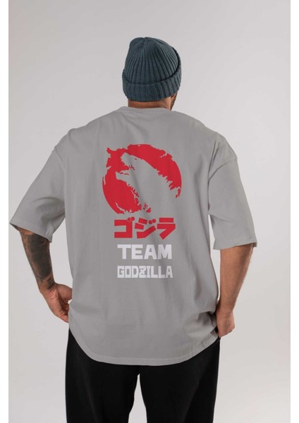 Team Godzilla Arka Baskılı Gri Oversize T-Shirt Bisiklet Yaka Pamuk Erkek Kadın