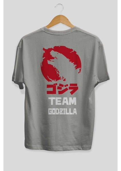 Team Godzilla Arka Baskılı Gri Oversize T-Shirt Bisiklet Yaka Pamuk Erkek Kadın fiyatları
