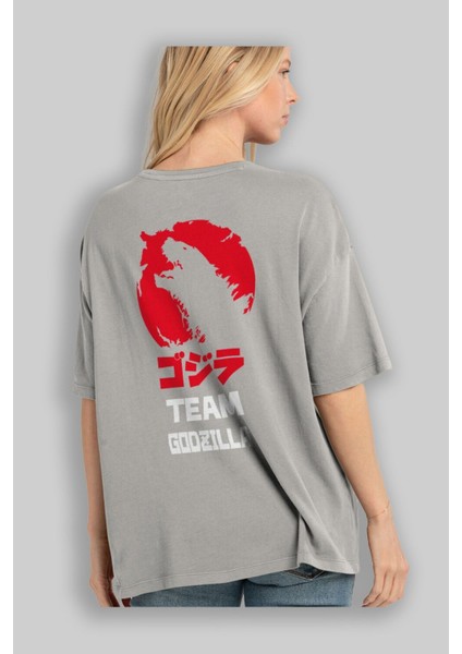 Team Godzilla Arka Baskılı Gri Oversize T-Shirt Bisiklet Yaka Pamuk Erkek Kadın modelleri