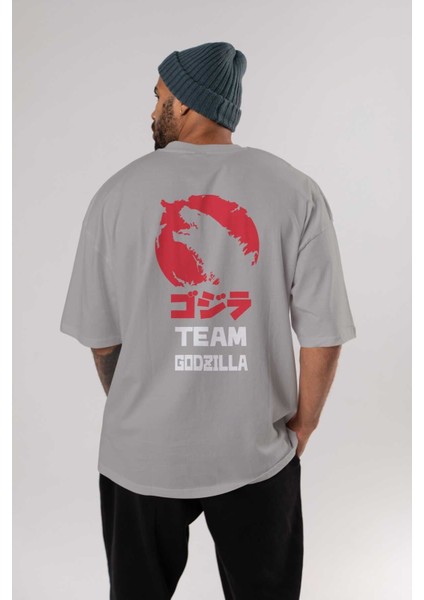 Team Godzilla Arka Baskılı Gri Oversize T-Shirt Bisiklet Yaka Pamuk Erkek Kadın fırsatları