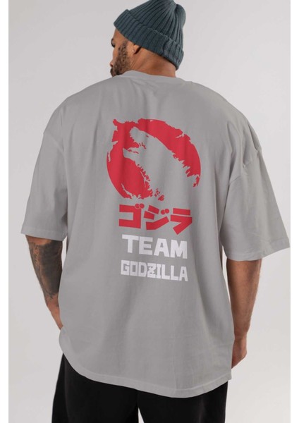 Team Godzilla Arka Baskılı Gri Oversize T-Shirt Bisiklet Yaka Pamuk Erkek Kadın indirimleri