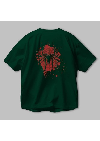 Spiderman (10) Arka Baskılı Zümrüt Yeşili Oversize T-Shirt Bisiklet Yaka Erkek Kadın modelleri