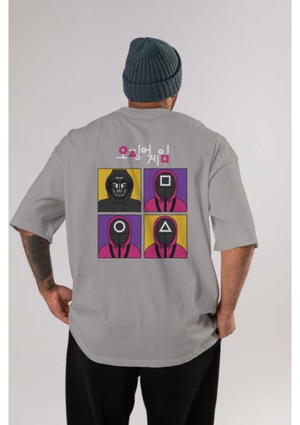 Squid Game (1) Arka Baskılı Gri Oversize T-Shirt Bisiklet Yaka Pamuk Erkek Kadın