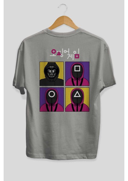 Squid Game (1) Arka Baskılı Gri Oversize T-Shirt Bisiklet Yaka Pamuk Erkek Kadın fiyatları