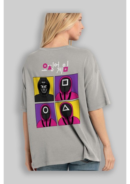 Squid Game (1) Arka Baskılı Gri Oversize T-Shirt Bisiklet Yaka Pamuk Erkek Kadın modelleri