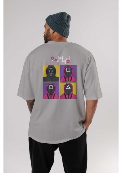 Squid Game (1) Arka Baskılı Gri Oversize T-Shirt Bisiklet Yaka Pamuk Erkek Kadın fırsatları
