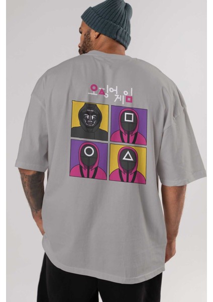 Squid Game (1) Arka Baskılı Gri Oversize T-Shirt Bisiklet Yaka Pamuk Erkek Kadın indirimleri