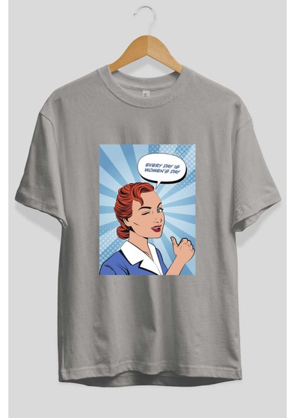 Everyday Is Women Day Ön Baskılı Gri Oversize T-Shirt Unisex Erkek Kadın Bisiklet Yaka fiyatları