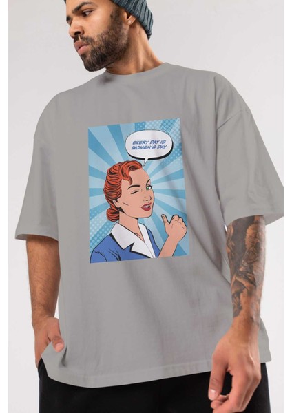 Everyday Is Women Day Ön Baskılı Gri Oversize T-Shirt Unisex Erkek Kadın Bisiklet Yaka modelleri