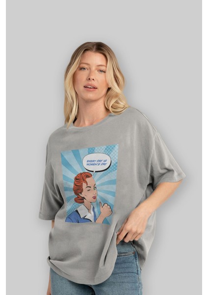 Everyday Is Women Day Ön Baskılı Gri Oversize T-Shirt Unisex Erkek Kadın Bisiklet Yaka fırsatları