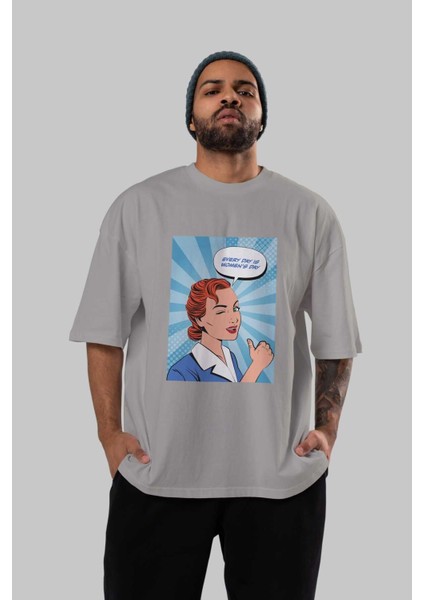 Everyday Is Women Day Ön Baskılı Gri Oversize T-Shirt Unisex Erkek Kadın Bisiklet Yaka indirimleri