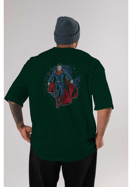 Superman Arka Baskılı Zümrüt Yeşili Oversize T-Shirt Erkek Kadın Bisiklet Yaka