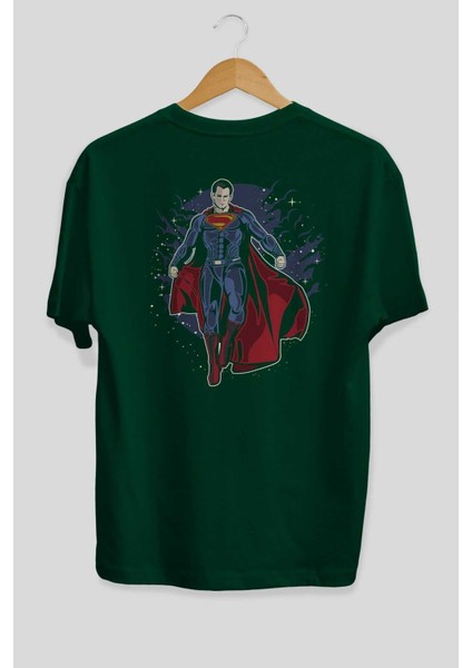 Superman Arka Baskılı Zümrüt Yeşili Oversize T-Shirt Erkek Kadın Bisiklet Yaka fiyatları