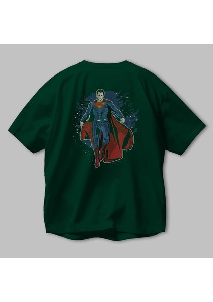 Superman Arka Baskılı Zümrüt Yeşili Oversize T-Shirt Erkek Kadın Bisiklet Yaka modelleri