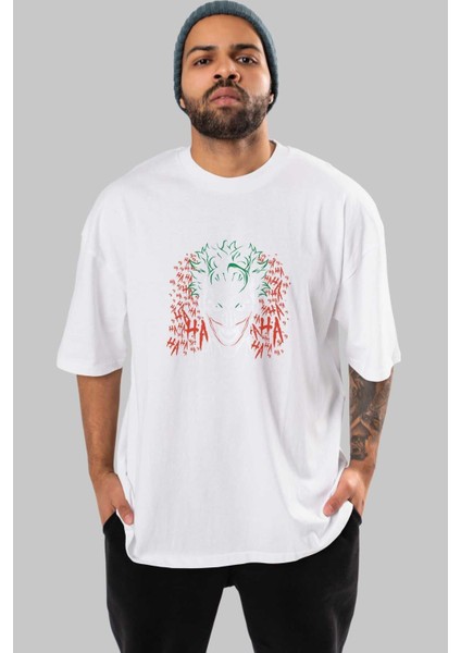 Joker (5) Ön Baskılı Beyaz Oversize T-Shirt Bisiklet Yaka Erkek Kadın