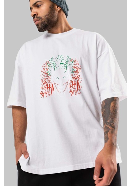 Joker (5) Ön Baskılı Beyaz Oversize T-Shirt Bisiklet Yaka Erkek Kadın modelleri