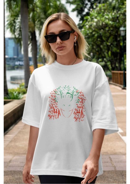Joker (5) Ön Baskılı Beyaz Oversize T-Shirt Bisiklet Yaka Erkek Kadın indirimleri