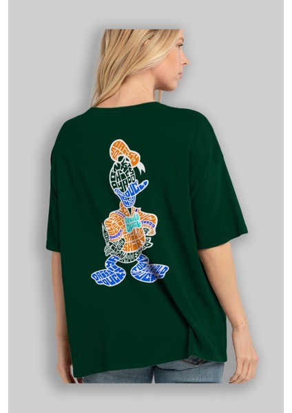 Donald Arka Baskılı Zümrüt Yeşili Oversize T-Shirt Unisex Erkek Kadın Bisiklet Yaka fırsatları